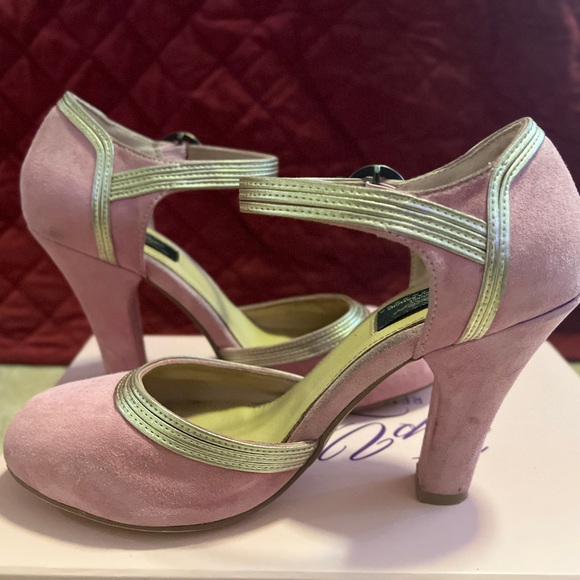 Lola Ramona Rose Pink Gold Suede Heels Great Gatsby Retro Hollywood - Picture 2 of 16
